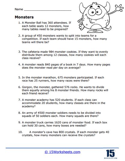 Monster Word Problems Worksheet - 15 Worksheets.com Mixed Fractions Worksheets, Division Of Fractions, Synthetic Division, Decimal Multiplication, 3rd Grade Worksheets, Multiplication And Division Worksheets, Decimal Word Problems, Mixed Fractions, Math Worksheets For Kids