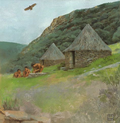 A small Bronze Age community in Iberia by Enrique Moreiro Iron Age Aesthetic, Bronze Age Architecture, Bronze Age Warrior, Bronze Age Britain, Elf Aesthetic, Celtic Bronze Age, Nordic Bronze Age, Design Proposal, Ancient Egyptian Art