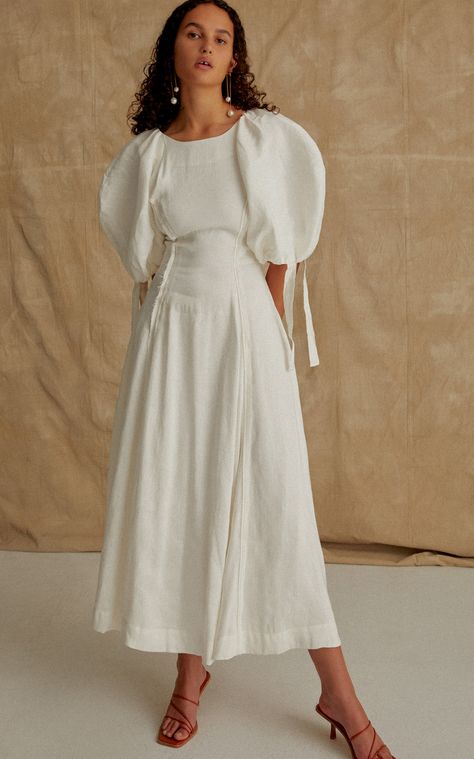 White Midi Dress Casual, Long Puffy Sleeve Dress, Aje Dress, Maxi White Dress, Summer Dresses For Wedding Guest, Poplin Dress, Mode Inspo, Midi Length Dress, Linen Dresses