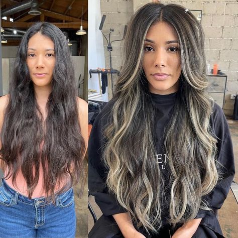 Transition From Black To Blonde Hair, Black Hair Transformation, Dark Hair Transformation, Brunette Green Eyes, Ash Blonde Hair Balayage, Grey Blending, Hair Color For Dark Skin, Dimensional Brunette, Hair Color Asian