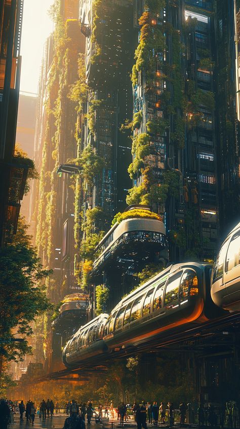 **Explore a Stunning Futuristic Cityscape with Vertical Gardens and Solar Monorails**   Dive into a mesmerizing urban jungle where towering vertical gardens meet sleek solar monorails. Experience the warmth of sunset reflecting off sustainable skyscrapers and the vibrant life of pedestrians in stylish smart wear. #FuturisticCity #VerticalGardens #HolographicLife #midjourney Solar Punk Aesthetic, Solarpunk City, Fantastical Landscapes, Solar Punk, Futuristic Cityscape, Future Earth, Bioshock 2, Sci Fi Architecture, Smart Wear