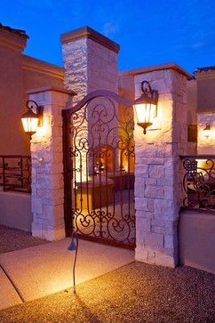 Outdoor Spaces mediterranean-landscape Modern Driveway Gate Design, Vintage Gate Design, Gate Ideas For Home, Front Gate Design Entrance, Home Entrance Gate, House Front Gate, Gate Design Ideas, Front Room Design, Mediterranean Patio