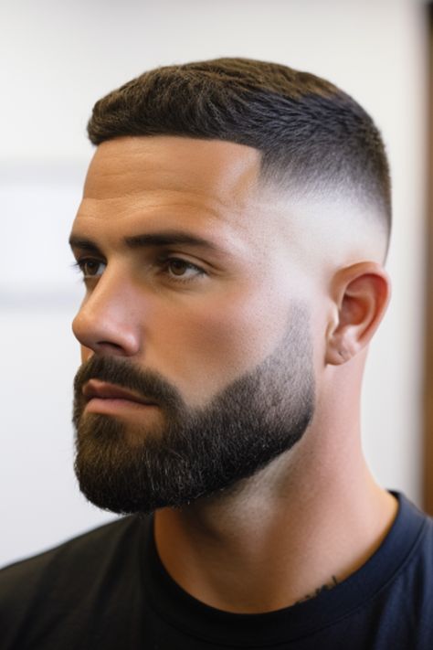 The mid-fade paired with a classic buzz cut represents simple and neat grooming. To give your buzz-cut texture, you can use a small amount of styling powder. Click here to check out more best mid-fade haircut ideas for men. Mid Fade Crewcut, Mid Fade Short Hair, Small Beard Men Style, Mid Fade Combover Haircut Men, Buzz Cut Men Fade, Small Haircut For Men, Mid Fade Buzz Cut, Men’s Buzzed Haircuts, Buzz Haircut Men