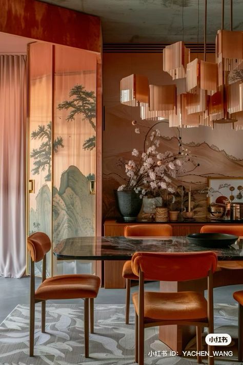 Asian Inspired Dining Room, French Japanese Interior, Asian Apartment, Modern Home Trends, Old Money Interior Design, Old Money Interior, Window Seat Ideas, Asian Interior Design, Cozy Ideas