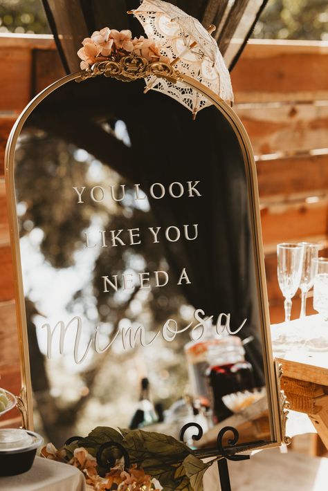 Bridal Shower Brunch Signs, Simple Fall Bridal Shower Ideas, Wedding Shower Mirror Sign, Bridal Mimosa Bar Ideas, Dinner Party Bridal Shower Ideas, Boozy Brunch Bridal Shower Decor, Bridal Mimosa Bar, Bridal Shower Bar Sign, Bridal Shower Bubbly Bar