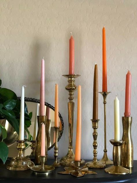 70s Branding, Candlestick Collection, Koti Diy, Candle Display, Weddings Idea, Wedding Tablescape, Brass Candlestick, Home Decor Ideas Living Room, Vintage Candle