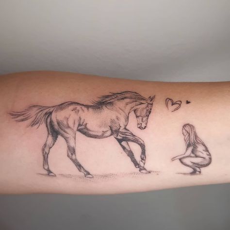 Woman Horse Tattoo 2 Horse Tattoo Design Beautiful, Horse Lover Tattoo Ideas, Horse Spine Tattoos For Women, White Horse Tattoo Ideas, Tattoo Ideas For Horse Lovers, Horse Profile Tattoo, Horse Forearm Tattoo Women, Horse Arm Tattoos For Women, Horse Hand Tattoo