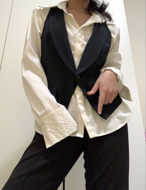 white button up blouse + waistcoat vest + slacks Button Up And Slacks For Women, Vest And Slacks Women, Formal Vest Outfits, Tuxedo Vest Outfit Women, 2024 Costumes, Suit Vest Outfits, Vest Outfit Women, Black Vest Outfit, White Button Up Blouse