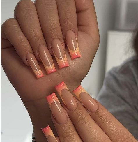 Orange Pink And White Nails, Square Summer Nails 2024, Cute Summer Nails 2024 Simple, Colorful Square Nails, Orange Nail Inspiration, Orange Frenchies, Sunset Nail Designs, Square Nails Summer, Sunset Nail Art