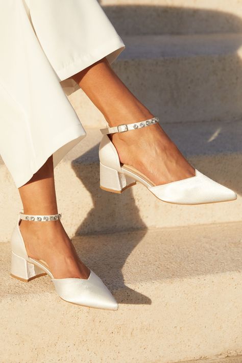 Buy Linzi Natural Jordanna Ivory Satin Low Block Court Heels With Embellished Ankle Strap from the Next UK online shop Small Heel Wedding Shoes, Bridal Shoes Low Heel, Chelsea Boots Heel, Wide Fit Sandals, Court Heels, Bridal Heels, Wedding Shoes Heels, Chunky Heels Boots, Wedding Dress Shoes