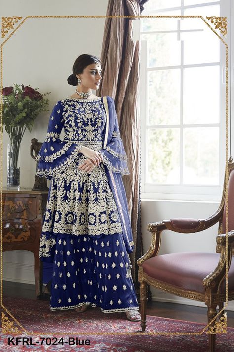 Fancy New Arrival Blue Heavy Net Stitched Plazzo-KFRL-7024-Blue Pakistani Anarkali, Designer Sharara Suits, Designer Sharara, Net Anarkali, Sangeet Outfit, Butterfly Net, Lehenga Suit, Pakistani Designer Suits, Gaun Fashion