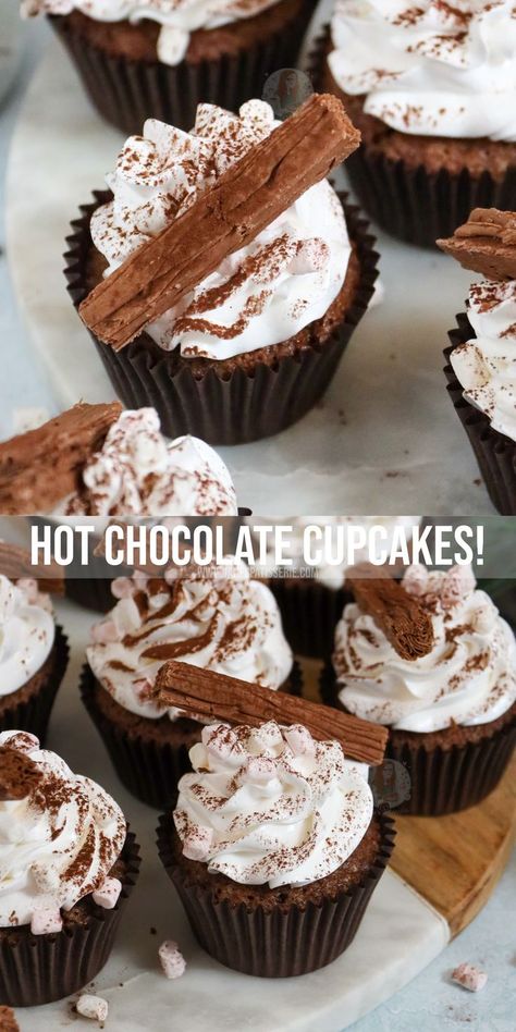 Delicious hot chocolate cupcakes with a hot chocolate sponge, marshmallow frosting and more - my favourite hot drink in cupcake form! Hot Chocolate Cupcakes, Marshmallow Cake, Janes Patisserie, Marshmallow Frosting, Homemade Recipes Dessert, Christmas Baking Recipes, Delicious Hot Chocolate, Cupcake Tray, Cupcake Recipes Chocolate