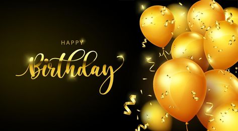 Birthday balloons vector banner template. Happy birthday greeting text with elegant gold balloons and confetti element in black background for celebrating birth day design. Vector illustration Happy Birthday Background Design Landscape, Happy Birthday Landscape Background, Birthday Template Background Aesthetic, Happy Birthday Template Layout, Birthday Background Landscape, Happy Birthday Landscape, Template Happy Birthday, 21st Birthday Wishes, Happy Birthday Words