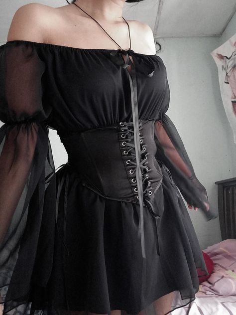 Dark Corset Outfit, Dark Angel Outfit, Dress With Corset On Top, Corset Outfit Halloween, Goth Corset Dress, Goth Corset Outfit, Black Dress With Corset, Corset Dress Casual, Dark Angel Halloween Costume