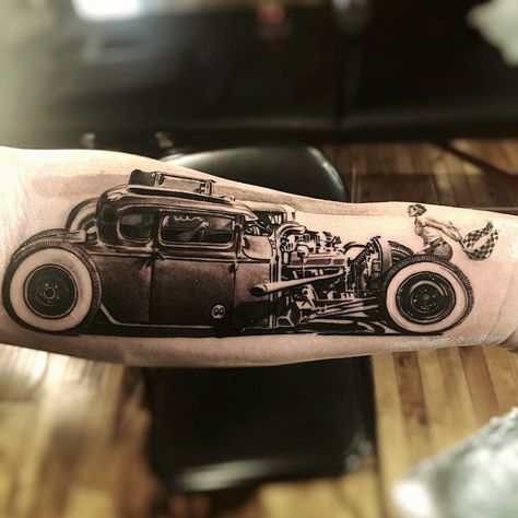 Vintage Car Tattoo, Hotrod Tattoos, Chevy Tattoo, Piston Tattoo, Hot Rod Tattoo, Engine Tattoo, Single Rose Tattoos, Tattoo Samples, Monami Frost