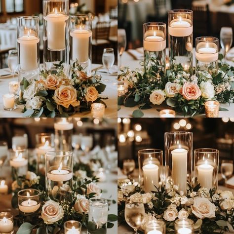 Fake Candles Wedding Centerpieces, Floating Candle Wedding Centerpieces, Candles Wedding Centerpieces, Floral Table Scape, Led Candles Wedding, Wedding Table Centerpieces Elegant, Brown Wedding Themes, Mirror Centerpiece, Floating Candle Centerpieces Wedding