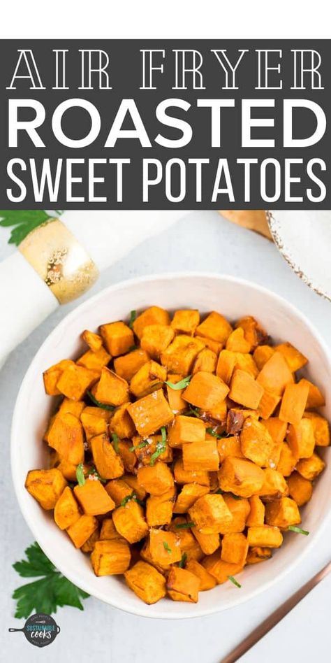 Crispy and perfect, roasted Air Fryer Sweet Potato Cubes is a fast and delicious side dish. You’ll love that they’re simple, vegan, vegetarian, and packed with so much flavor! Sweet Potato Cubes, Roasted Sweet Potato Cubes, Paleo Salmon Cakes, Potato Cubes, Cubed Sweet Potatoes, Roasted Sweet Potato, Sweet Potato Wedges, Cooking Sweet Potatoes, Easy Healthy Meal Prep