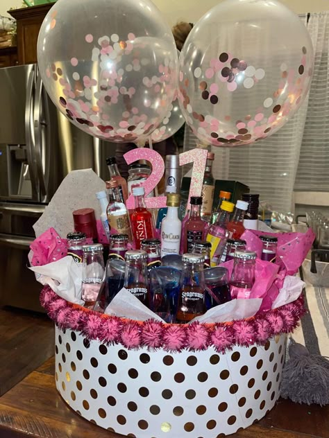 Pink, 21, Ballon’s, basket, and drinks 21 Birthday Gift Basket, 21st Birthday Ideas For Girls Turning 21, Best Friend Bday Gifts, 21st Birthday Gift Baskets, Diy 21st Birthday Gifts, 18th Birthday Present Ideas, 21st Birthday Basket, 21st Birthday Diy, 21st Presents