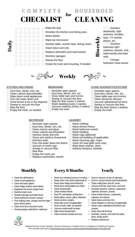 Organize your household chores with this comprehensive checklist. It includes daily and weekly tick boxes, plus monthly, bi-yearly, and yearly task lists. Download a free printable PDF at https://weal-house.com/wp-content/uploads/2020/08/Cleaning-Checklist.pdf. (Adapted from the Kindle e-book "Spotless: Nontoxic Cleaning for a Healthy Home" by Wealhouse.) Yearly Chores Cleaning Checklist, House Care Checklist, Monthly Chore List, Monthly Chores List, List Of Cleaning Chores, Yearly Home Cleaning Schedule, Year Cleaning Schedule, To Do List House Chores, Daily Monthly Yearly Cleaning