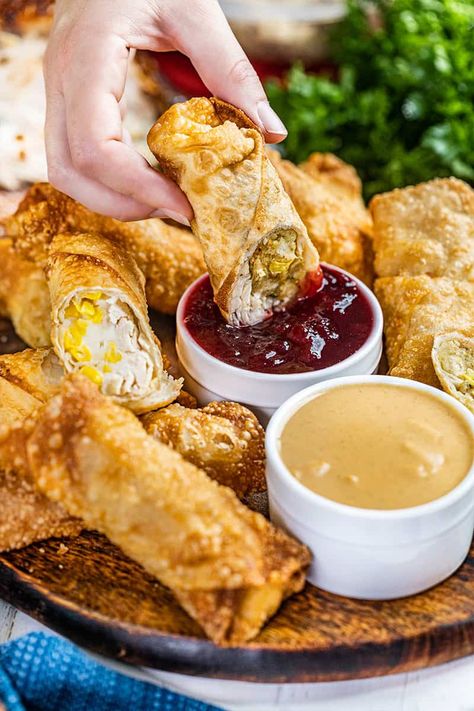 Thanksgiving Egg Rolls, Cranberry Dipping Sauce, The Best Deviled Eggs, Best Deep Fryer, Yam Or Sweet Potato, The Stay At Home Chef, Homemade Appetizer, Leftover Thanksgiving, Thanksgiving Leftover