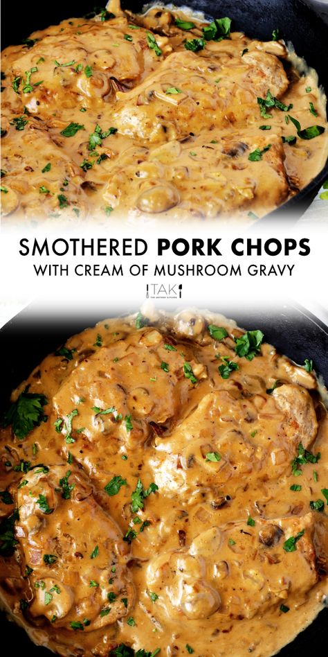 Mushroom Gravy Pork Chops, Cream Of Mushroom Sauce, Pork Chops With Mushroom Gravy, Creamy Pork Chops, Pork Chops Smothered, Homemade Cream Of Mushroom, Boneless Pork Loin Chops, Boneless Pork Chop Recipes, Mushroom Pork Chops