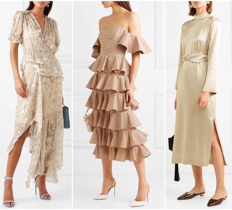 What color shoes to wear with a beige dress outfit or taupe dress! Beige Dress Outfit, Beige Formal Dresses, Tan Color Shoes, Nude Color Dress, Beige Bridesmaid Dress, Peach Dresses, Beige Bridesmaids, Beige Sweater Dress, Red Dress Shoes