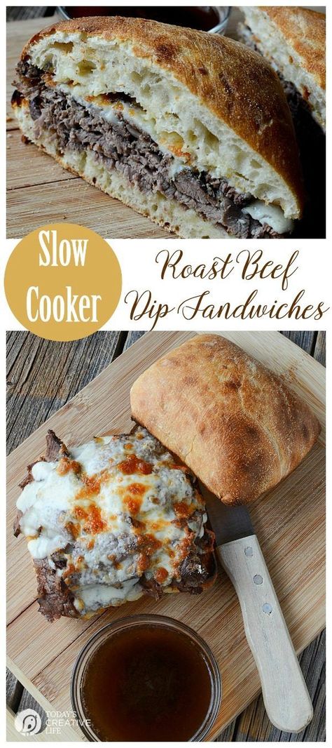 Slow Cooker Roast Beef Dip Sandwiches | This hearty crockpot recipes is for all french dip lovers! Served on a crisp ciabatta roll for extra crunch. Great for family dinners or weekend suppers. Get the recipe on http://TodaysCreativeLife.com Hot Ciabatta Sandwich Recipes, Recipes Using Ciabatta Rolls, Dipped Sandwiches, Ciabatta Sandwich Recipes, Beef Dip Sandwiches, Roast Beef Dip, Ciabatta Sandwich, Slow Cooker Roast Beef, Ciabatta Roll