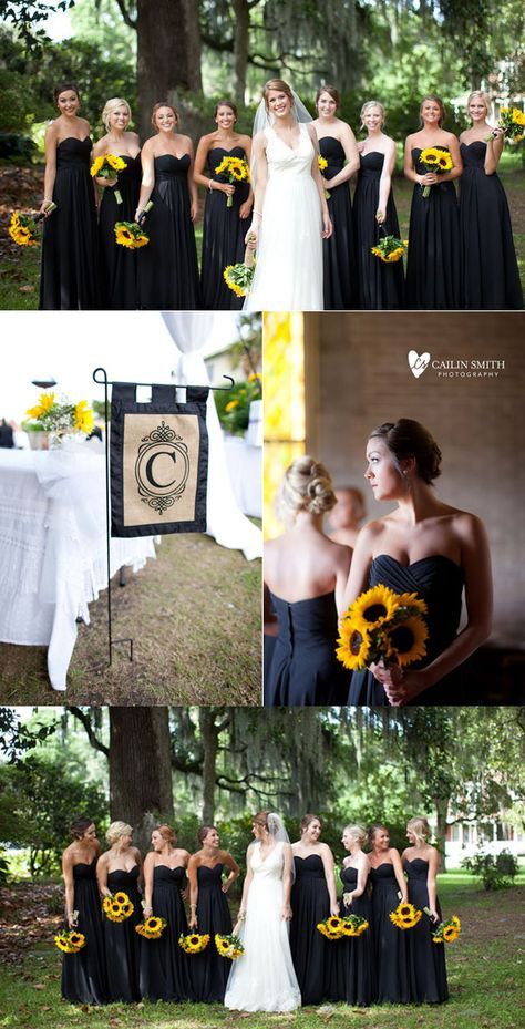 Batman Wedding, Sunflower Themed Wedding, Yellow Wedding Flowers, Black Bridesmaid, Black Bridesmaids, Boda Mexicana, Black Bridesmaid Dresses, Yellow Wedding, Sunflower Wedding