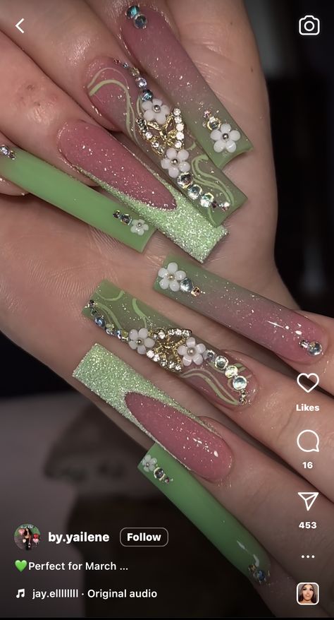 Green Nails Acrylic Birthday, Green Nails Sweet 16, Jade Square Nails, Long Light Green Nails, Glam Set Nails, Fairy Garden Acrylic Nails, Green Acrylic Nails With Charms, Princess Nail Ideas, Princess Tiana Themed Nails