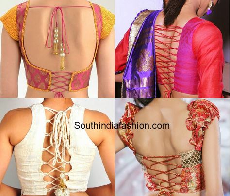 criss cross dori back blouse designs Indian Blouses, Fancy Tie, Saree Jacket Designs, Pattern Blouses, Blouse Tops Designs, Blouse Designs Catalogue, Blouse Ideas, Backless Blouse Designs, Classic Wear