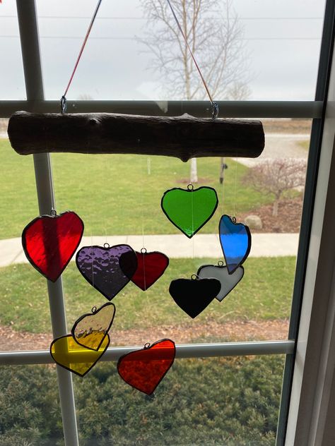 Stained Glass Hearts, Heart Mobile, Stained Glass Hanging, Stained Glass Heart, Heart Suncatcher, Glass Hearts, Foil Tape, Custom Stained Glass, Panels Wall