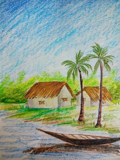 plastic crayons drawing.Landscapes, rural scenes, village life Landscape With Crayons, Rural Area Drawing, Rural Landscape Drawing, Village Life Drawing Easy, Plastic Crayons Drawing, Village Drawing Landscapes, Village Life Drawing, Easy Nature Drawings, Crayons Drawing