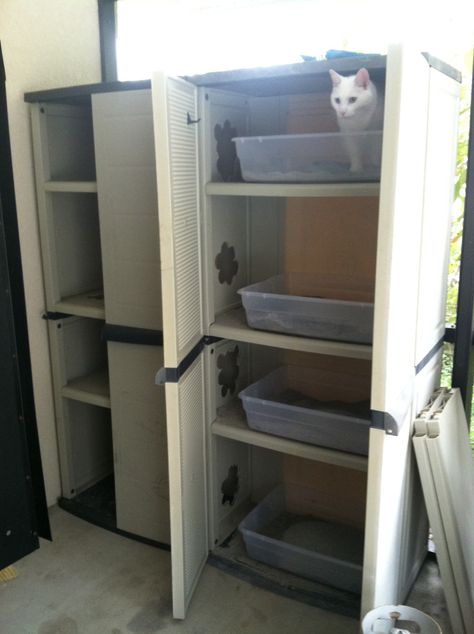 An old outside storage containers turned into a multi-level cat littler box/condo. A neighbor had put these containers out for the trash because one was missing a door. After fastening them together with bolts and nuts, holes were drilled on each level to allow passage from the "entrance container" to the "potty container." Holes were also drilled on the floors of each level on the "entrance container" so the cats can climb to each level. Cat Tower Litter Box Combo, Top Entry Cat Litter Box Diy, Stacked Litter Box Ideas, Multiple Litter Box Ideas, Cat Litter Storage Container, Multi Cat Litter Box Ideas, Cat Litter Storage, Cat Room Diy, Hiding Cat Litter Box