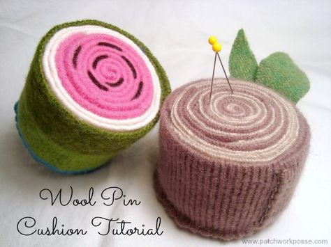 Wool Pincushions Tutorial / patchworkposse.com #pincushion #tutorial #wool #upcycle Wool Pin Cushions, Sweater Projects, Pincushion Tutorial, Sew Pillows, Cushion Tutorial, Sewing Pockets, Pin Keeps, Sewing Cushions, Pin Cushions Patterns