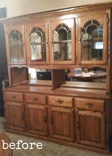 This is a makeover of a dated, oak dining hutch using Annie Sloan Chalk Paint in Paris Grey. Here is the after. What a difference. Keep reading for details on how I completed this look.This hutch had been in a storage unit for some time and smelled pretty funky, so I started off by sealing the entire piece in Zinsser Shellac. This product along with neutralizing smells helps seal water stains and bleed through. It is always a great idea to coat a piece in Shellac if… Kitchen Dresser Ideas, Dining Room With Hutch, Chalk Painted Hutch, Refinished Hutch, Dining Set Makeover, Bookcase Makeover, Vintage China Cabinets, Bed Makeover, Chalk Furniture