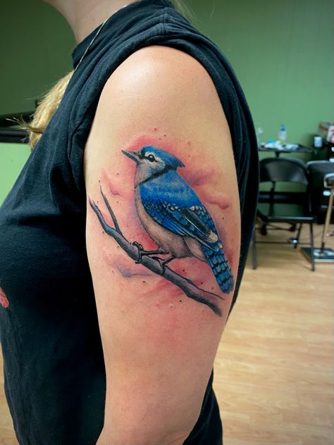 Bluejay Tattoo, Blue Bird Tattoo, Blue Jay Tattoo, Bird Tattoo Men, Bluebird Tattoo, Watercolor Bird Tattoo, Cardinal Tattoos, Floral Tattoo Shoulder, Mouse Tattoos