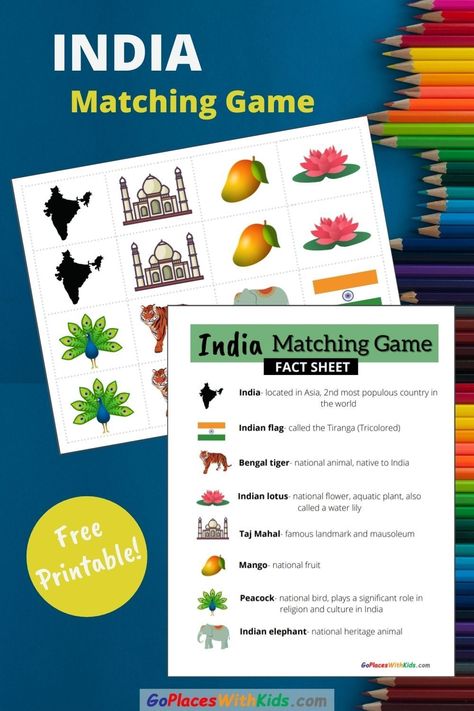 This India matching game is a fun way for kids to learn about Indian culture! Included is a fact sheet with information about each card. Great for preschool, kindergarten, and elementary kids. Free printable! Indian Activities For Preschool, India Kindergarten Activities, India Crafts For Kids Culture, National Symbols Of India For Kids Craft, Idian Partty Games For Kids, Traditional Games Of India, India For Kids, India Facts, Around The World Theme