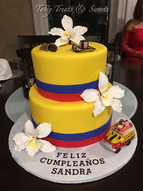 Colombian Colors Birthday Cake #Marble #Fondant #coffeebeans #Orchids #gumpaste Colombian Birthday Party, Colombian Cake Decoration, Colombian Party Theme, Colombian Appetizers, Colombian Cake, Colombia Party, Marble Fondant, Colombia Food, Cake Marble