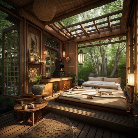 Bali Tiny House, Japanese Forest House, Japanese Small House Design, Cozy Japanese Home, Japanese Tiny House Design, Tiny Japanese House, Room Japanese Style, Japanese Style Tiny House, Japanese Cabin