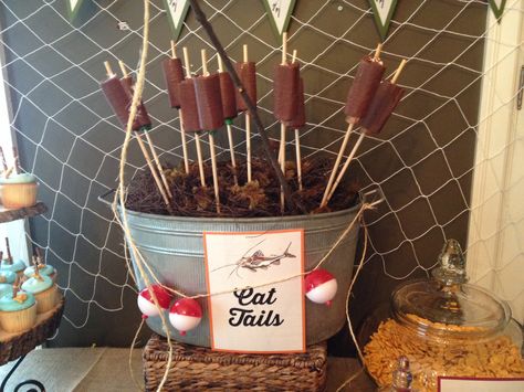 Cat tails made from Swiss cakes and kabob sticks.  Please note, I used a little gummy worm to hold them up as they wanted to slide down the pole. Fishing Birthday Party Cake, Pond Punch, Fishing Birthday Party Ideas, Chicken Salad Bowl, Rotel Cheese, Rotel Cheese Dip, Fishing Party Decorations, Fishing Baby Shower Theme, Kabob Sticks