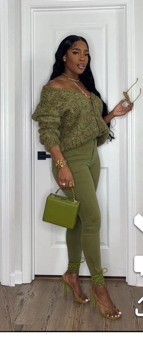 Olive Monochrome Outfit, Olive Green Leather Dress Outfit, Green Leather Dress Outfit, Green And Brown Outfits For Women, Olive Green Dress Outfit Winter, Olive Green Outfits Female, Corduroy Jumper Outfit, Olive Green Dress Outfit, Green Leather Dress