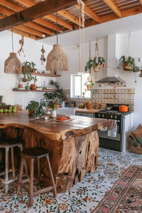 Boho Kitchen Island Decor, Rustic Kitchen With Island, Boho Kitchen Decor Apartment, Rustic Wood Island, Boho Kitchen Island, Modern Boho Kitchen Decor, Cozy Home Kitchen, Modern Boho Kitchen, Boho Style Kitchen