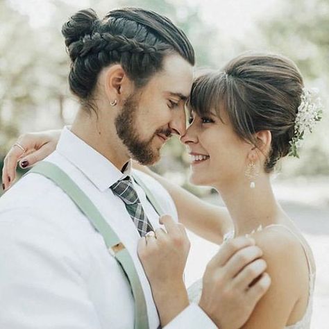 a braided man bun with leek hair on top is a bold and unique idea to bring a touch of boho to the look Man Braid, Cornrow Styles For Men, Braided Man Bun, Man Bun Hairstyles, Viking Braids, Wedding Braids, Men's Long Hairstyles, Viking Hair, Braided Bun Hairstyles