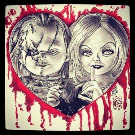 Evil couples Chucky Drawing, Chucky Tattoo, Chucky Horror Movie, Horror Movie Tattoos, Horror Photos, Horror Drawing, Chucky Doll, Movie Tattoos, Bride Of Chucky