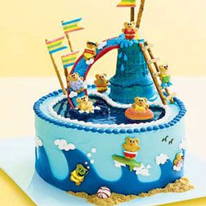 Birthday Cake Recipes - Water Park Cake for Kids Birthday at Womansday.com Pool Cake, Art Recipes, Teddy Grahams, Canned Frosting, Bear Cookies, Birthday Cake Recipe, Water Party, Boy Birthday Cake, Summer Birthday