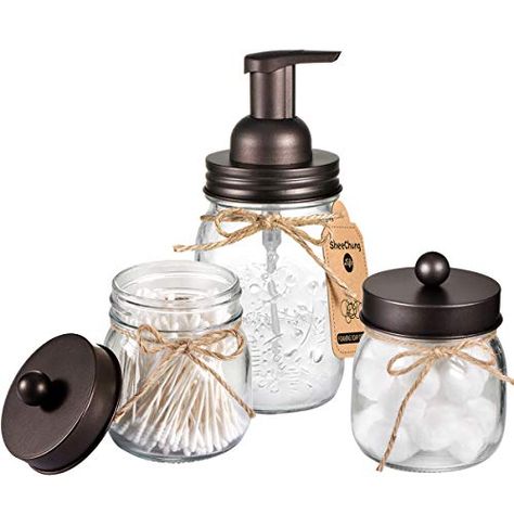 Mason Jar Foaming Hand Soap Dispenser and Qtip Holder Set #rustic #rustichomedecor #rusticdecor #bathroomdecor #affiliate Apothecary Jars Bathroom, Foaming Hand Soap Dispenser, Match Jar, Mason Jar Bathroom, Mason Jar Soap Dispenser, Decoration Shabby, Bathroom Accessories Set, Foam Soap Dispenser, Countertop Organizer