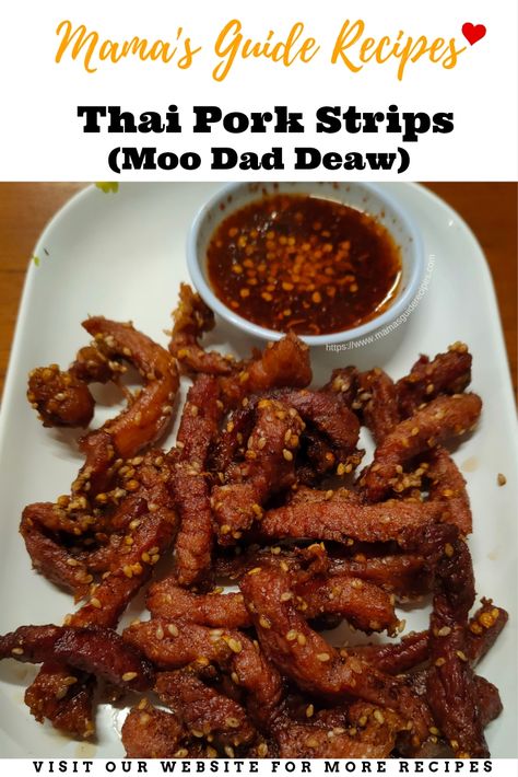 Thai Pork Strips (Moo Dad Deaw) is an excellent and incredibly authentic Thai appetizer. Traditionally it is done by sun drying Thai Appetizer, Loin Recipes, Thai Pork, Pinoy Recipes, Laos Food, Recipes Asian, Pork Loin Recipes, Vietnam Food, Lean Pork