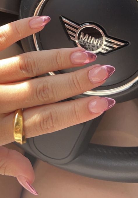 Pink Nails With Chrome Tips, Pink Metallic Almond Nails, Chrome Pink Tip Nails, Metallic Pink French Nails, Short White Chrome French Tip Nails, Hot Pink Chrome French Tip Nails Almond, Pink Chrome Nails Tips, Metallic French Tip Nails Short, Chrome Pink French Tips