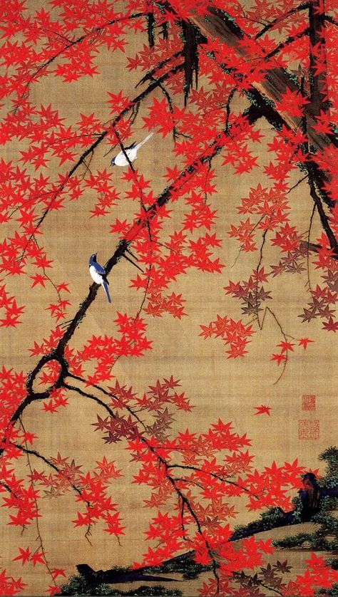 Edo Era Japan, Ito Jakuchu, Edo Era, Art Chinois, Japanese Screen, Japan Painting, Japanese Artwork, Asian Painting, Red Maple