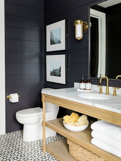 #homedecor #homedecorideas #homebody #interiordesign #interiordesigninspiration Black And White Bathroom Floor, Mcgee Bathroom, Farmhouse Bathroom Remodel, Rustic Farmhouse Bathroom, Farmhouse Bathroom Decor Ideas, Shiplap Bathroom, Black Paint Color, Modern Mountain Home, Vogue Living